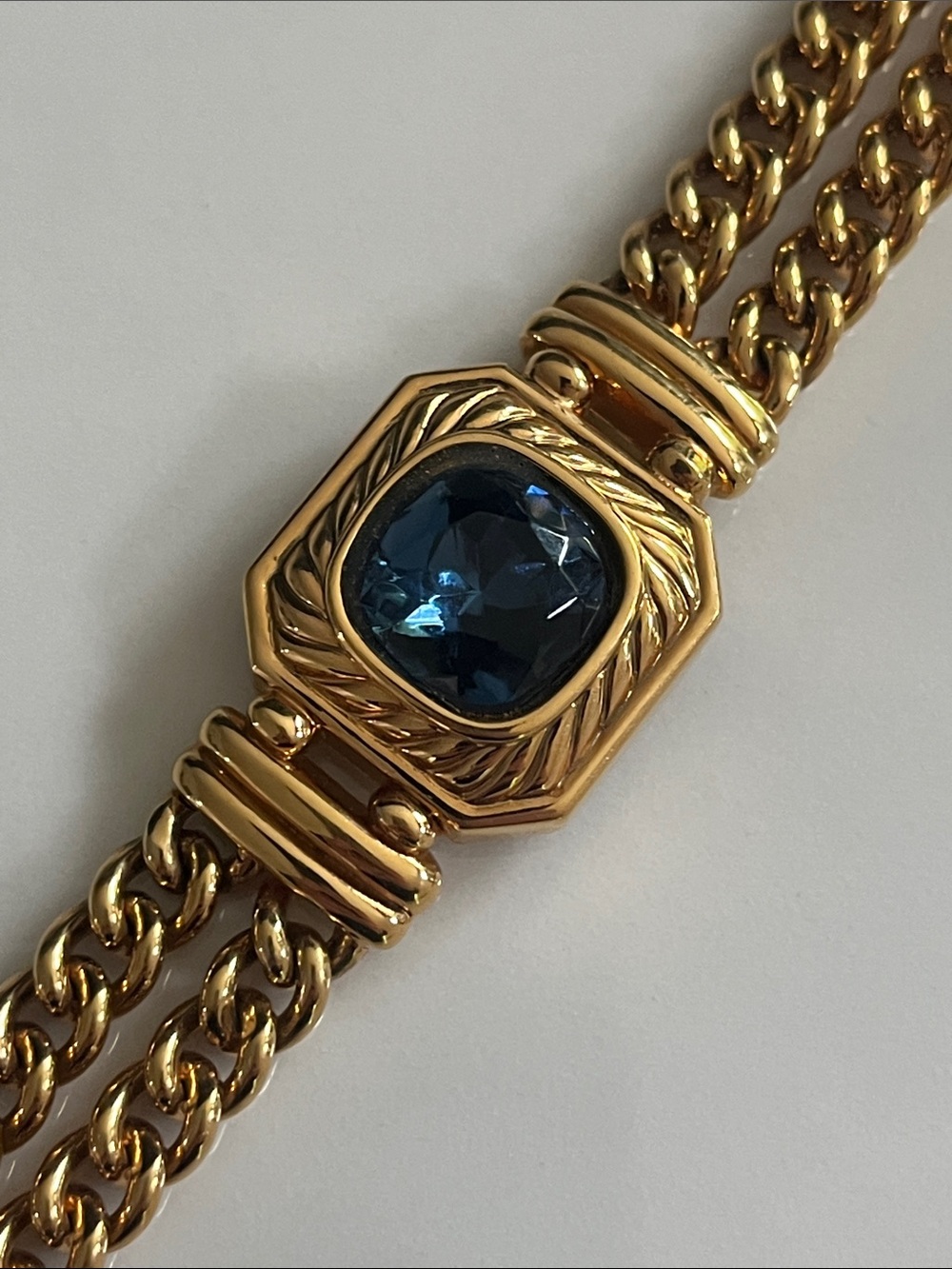 Lanvin Double Chain Bracelet with Sapphire Blue Centre Stone.